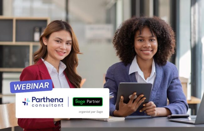 Deux professionnelles participent à un webinar Parthena Consultant en partenariat avec Sage.